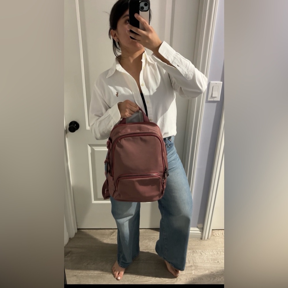 Tumi Voyageur Haley Pink Nylon Backpack Leather Trim Laptop Bag $395 Retail - Picture 3 of 11